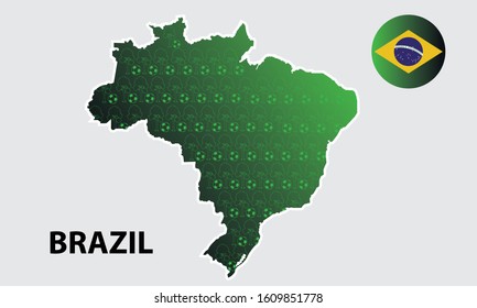 Illustration of a map of Brazil with the Brazilian flag and english text brazil. 