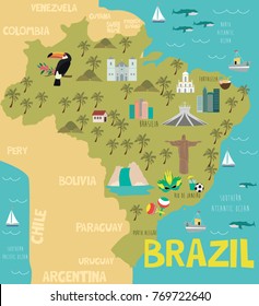 Illustration map of Brazil with nature, animals and landmarks. Editable Vector illustration