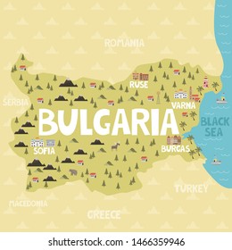 Illustration map of Bulgaria with city, landmarks and nature. Editable vector illustration