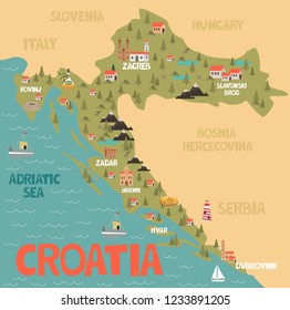 Illustration map of Croatia with city, landmarks and nature. Editable vector illustration svg