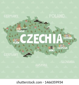 Illustration map of Czech Rebublic or Czechia with city, landmarks and nature. Editable vector illustration