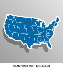 
Illustration of a map divided into US states as a sticker. USA symbol with white stroke and shadow on isolated background. Vector illustration