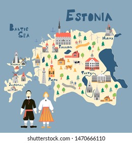 Illustration map of Estonia with inhabitants in national costumes, nature, animals and attractions. Flat vector illustration.