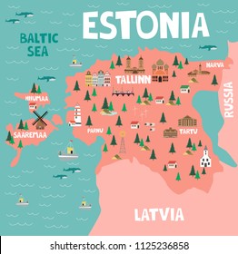 Illustration map of Estonia with nature, animals and landmarks. Editable Vector illustration