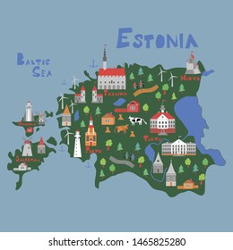 Illustration map of Estonia with nature, animals and landmarks. Flat vector illustration.