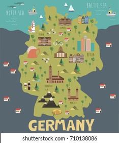 Illustration map of Germany with landmarks. Editable vector illustration