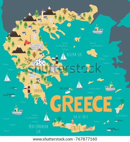 Illustration map of Greece with nature, animals and landmarks. Editable Vector illustration
