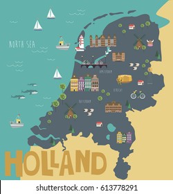 Illustration map of Holland with landmarks. Vector illustration