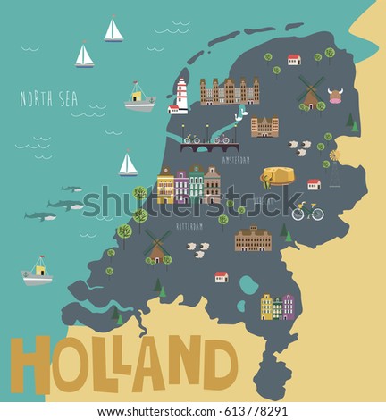 Illustration map of Holland with landmarks. Vector illustration