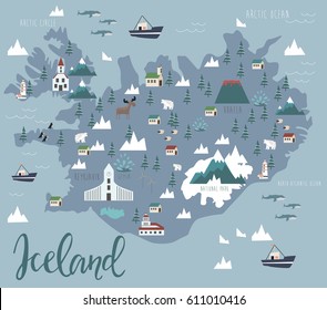 Illustration Map Iceland Animals Landmarks Vector Stock Vector (Royalty ...