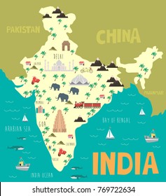 Illustration Map India Nature Animals Landmarks Stock Vector (Royalty ...