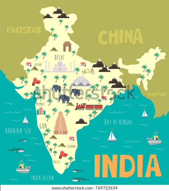 Illustration Map India Nature Animals Landmarks Stock Vector (Royalty ...