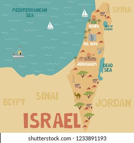 Illustration map of Israel with city, landmarks and nature. Editable vector illustration