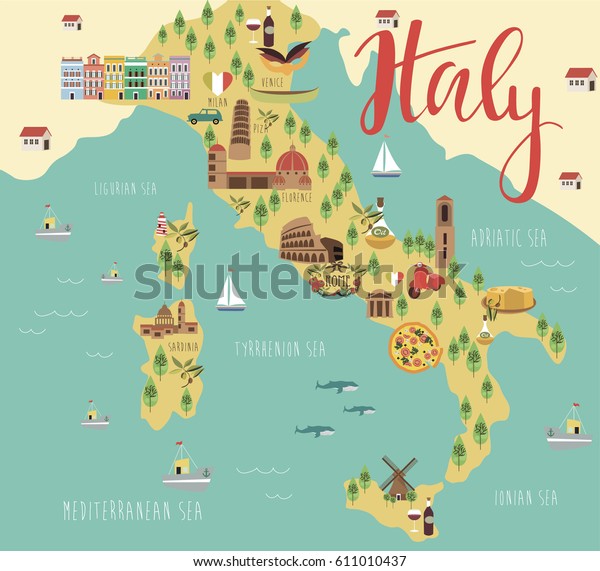 動物と目印を持つイタリアの地図 ベクターイラスト のベクター画像素材 ロイヤリティフリー