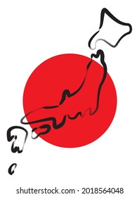 Illustration of a map of Japan and the Japanese flag written with a brush