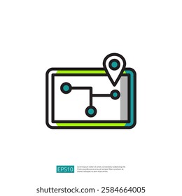 An illustration of a map with a location pin and connecting lines, representing navigation and route planning.