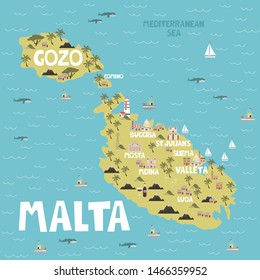 Illustration map of Malta with city, landmarks and nature. Editable vector illustration