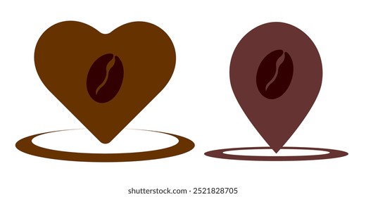 Ilustración de un icono de marca de mapa con un grano de café. Logotipo del punto del café aislado en el fondo blanco. Elementos de diseño de Vector, signos comerciales, etiquetas, insignias, logotipos, identidad y otros objetos de marca