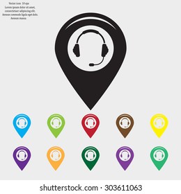 Illustration of a map mark icon with a ear phones
