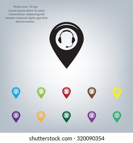 Illustration of a map mark icon with a ear phones