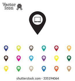 Illustration of a map mark icon with a laptop