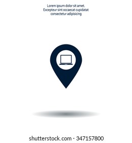 Illustration of a map mark icon with a laptop