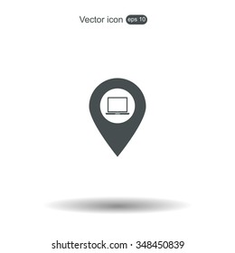 Illustration of a map mark icon with a laptop