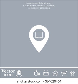 Illustration of a map mark icon with a laptop