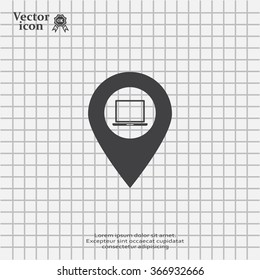 Illustration of a map mark icon with a laptop