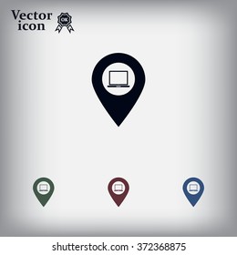 Illustration of a map mark icon with a laptop