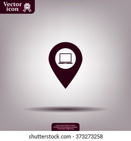 Illustration of a map mark icon with a laptop