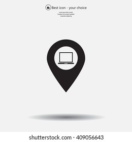 Illustration of a map mark icon with a laptop