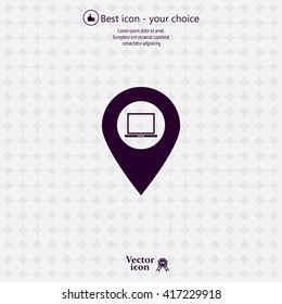 Illustration of a map mark icon with a laptop