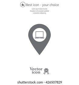 Illustration of a map mark icon with a laptop
