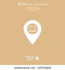 Illustration of a map mark icon with a laptop