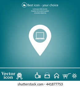 Illustration of a map mark icon with a laptop