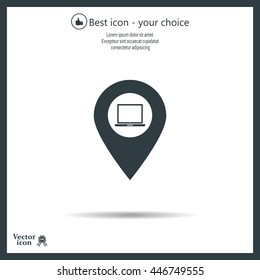 Illustration of a map mark icon with a laptop