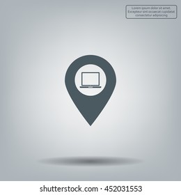 Illustration of a map mark icon with a laptop