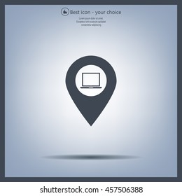 Illustration of a map mark icon with a laptop