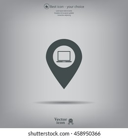 Illustration of a map mark icon with a laptop