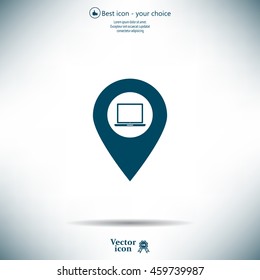 Illustration of a map mark icon with a laptop