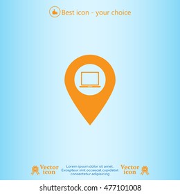 Illustration of a map mark icon with a laptop