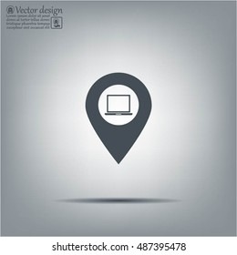 Illustration of a map mark icon with a laptop