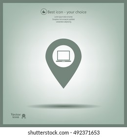 Illustration of a map mark icon with a laptop