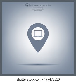 Illustration of a map mark icon with a laptop