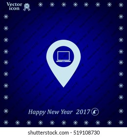 Illustration of a map mark icon with a laptop