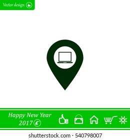 Illustration of a map mark icon with a laptop