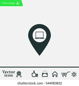 Illustration of a map mark icon with a laptop