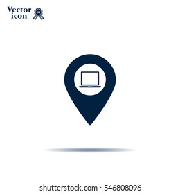 Illustration of a map mark icon with a laptop