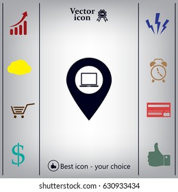 Illustration of a map mark icon with a laptop